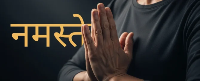 Fotografia com as mãos unidas em saudação e o texto o que significa namastê com letras em sânscrito.