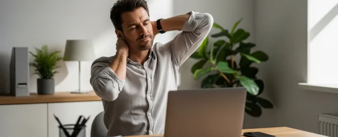 Homem aliviando dores de postura no pescoço após trabalhar no notebook em um home office.