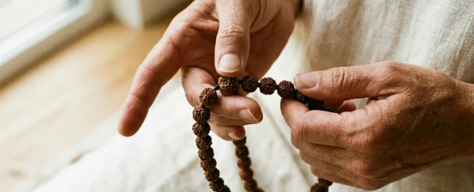 Mão de um praticante segurando um japamala de sementes de rudraksha de 108 contas em meditação, demonstrando a passagem correta dos dedos com o polegar.”