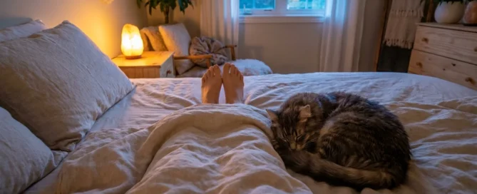 Pessoa dormindo tranquilamente com os pés para fora do edredom leve e um gato cinza enrodilhado ao lado na cama, ilustrando práticas de higiene do sono e termorregulação.