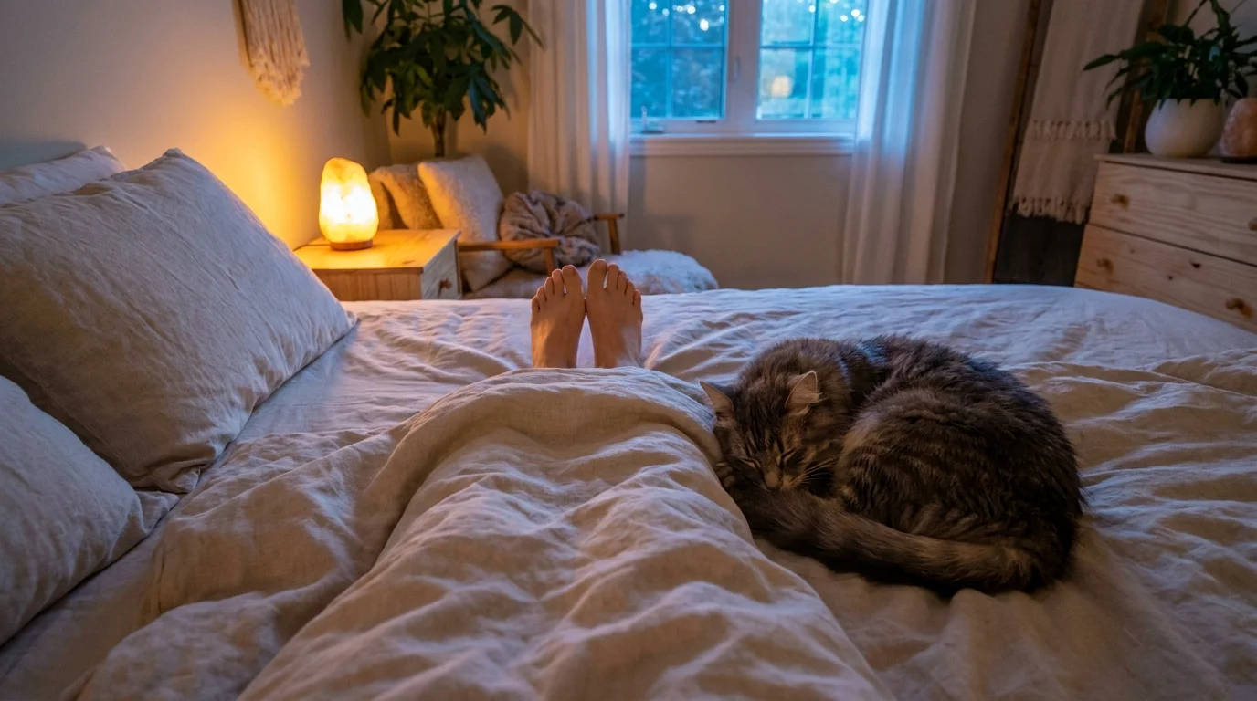 Pessoa dormindo tranquilamente com os pés para fora do edredom leve e um gato cinza enrodilhado ao lado na cama, ilustrando práticas de higiene do sono e termorregulação.